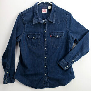 Levi’s Western Denim Shirt Womens XL Pearl Snap Blue Long Sleeve Cowgirl Rodeo